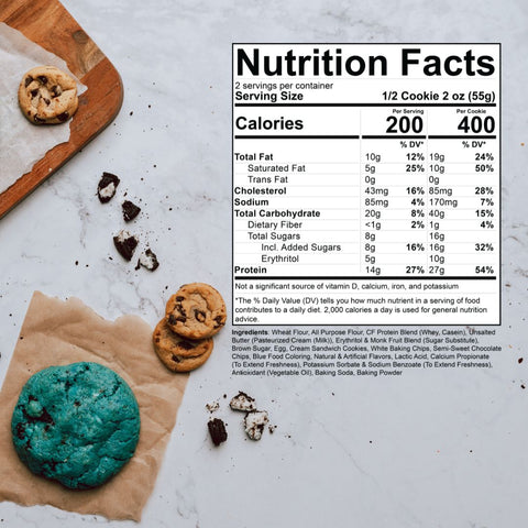 An image of ChunkyFit Cookie Monster that includes the nutritional information of the protein cookie.